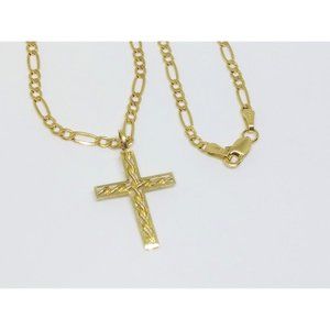 10k Yellow Gold Textured Cross And Figaro Chain